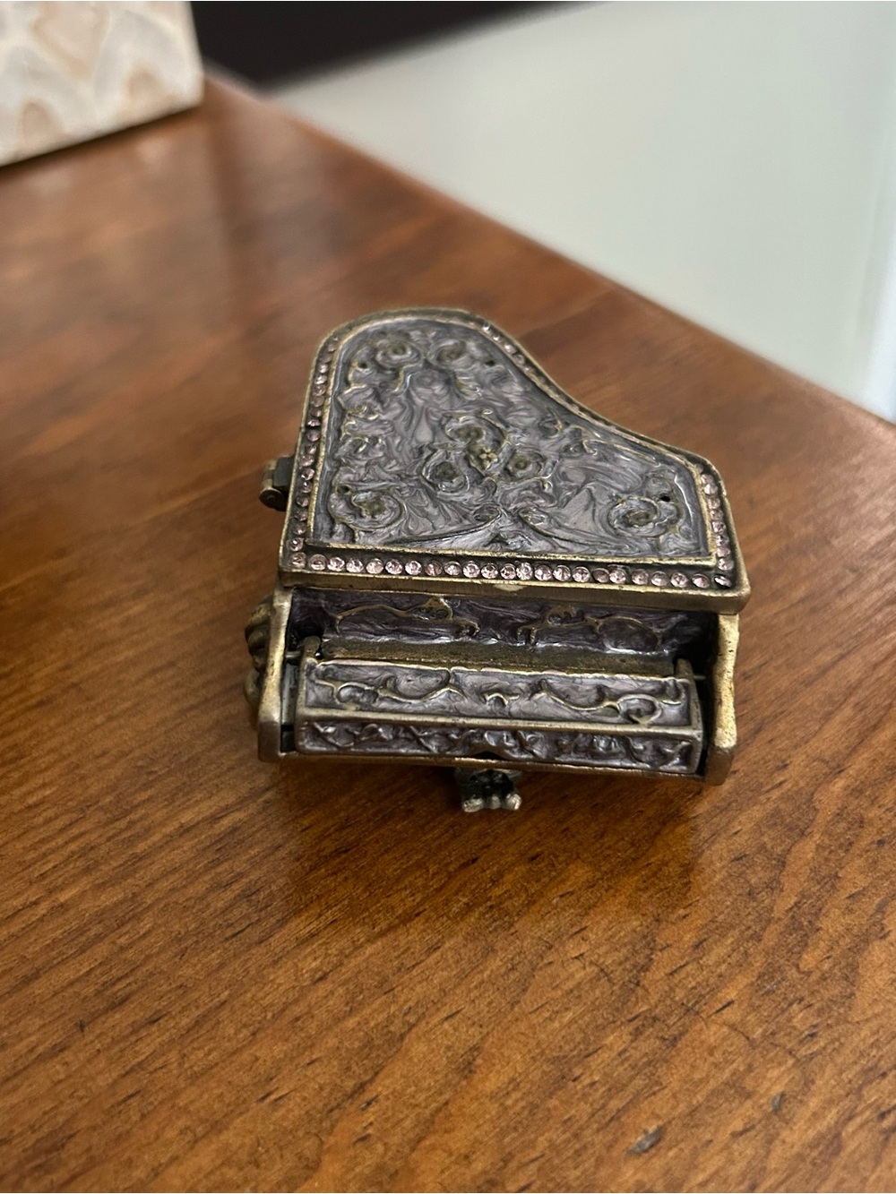 Ornate Grand Piano Trinket Box in Antique Brass and Silver Tones